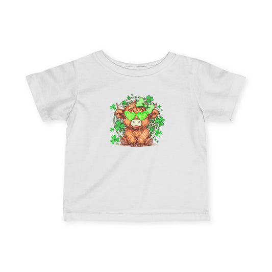 Infant Tee — St. Patrick’s Highland Cow with Shamrocks Baby Shirt
