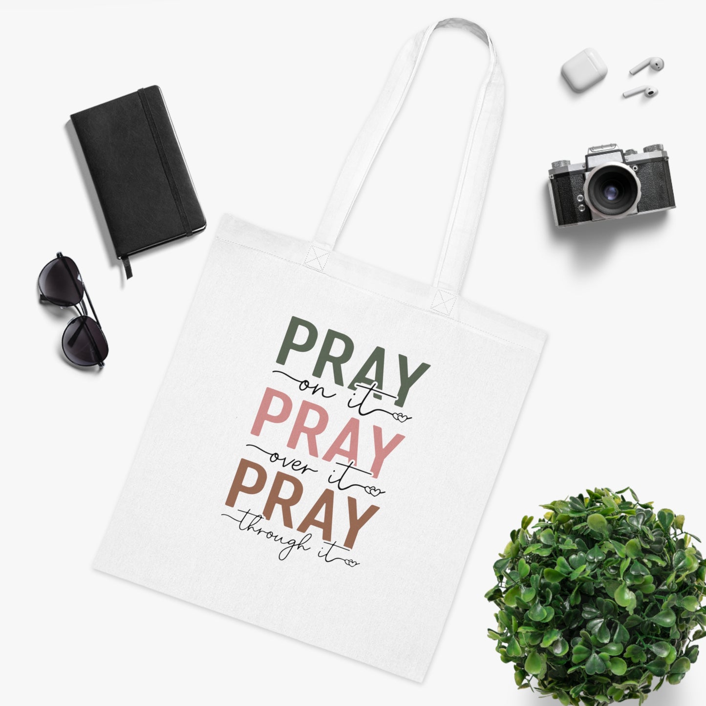 Pray On It Pray Over It Pray Through It Cotton Tote — Inspirational Christian Grocery Bag