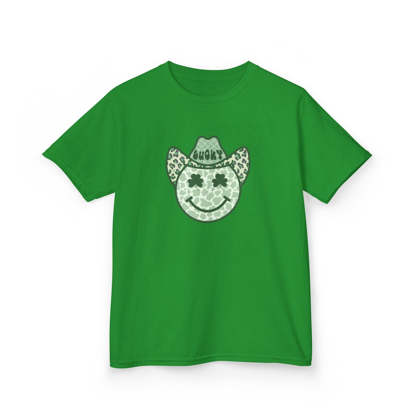 Kids Tee — Green Cowboy Smile Face Graphic